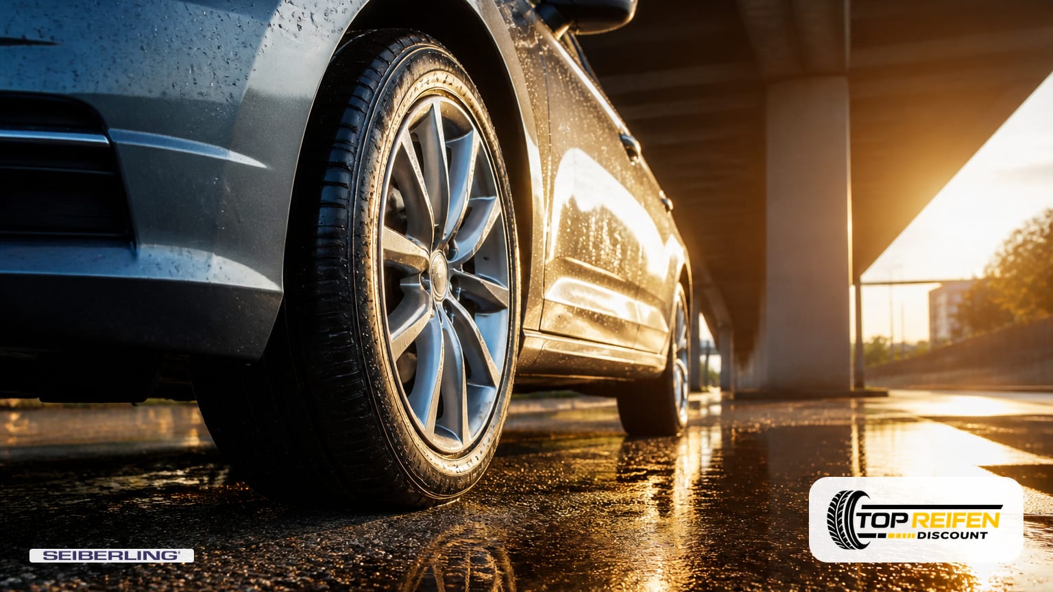 Ground-level close-up of the front-left wheel with SEIBERLING SEIBERLI TOUR-2 225/45 R17 summer tyre on wet tarmac under an urban overpass at golden hour.
