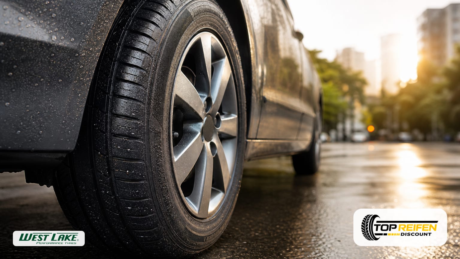 Extreme close-up of the WESTLAKE Z107 195/65 R15 summer tyre: crisp tread blocks with water beads, sharp sidewall lettering, warm light on damp asphalt.