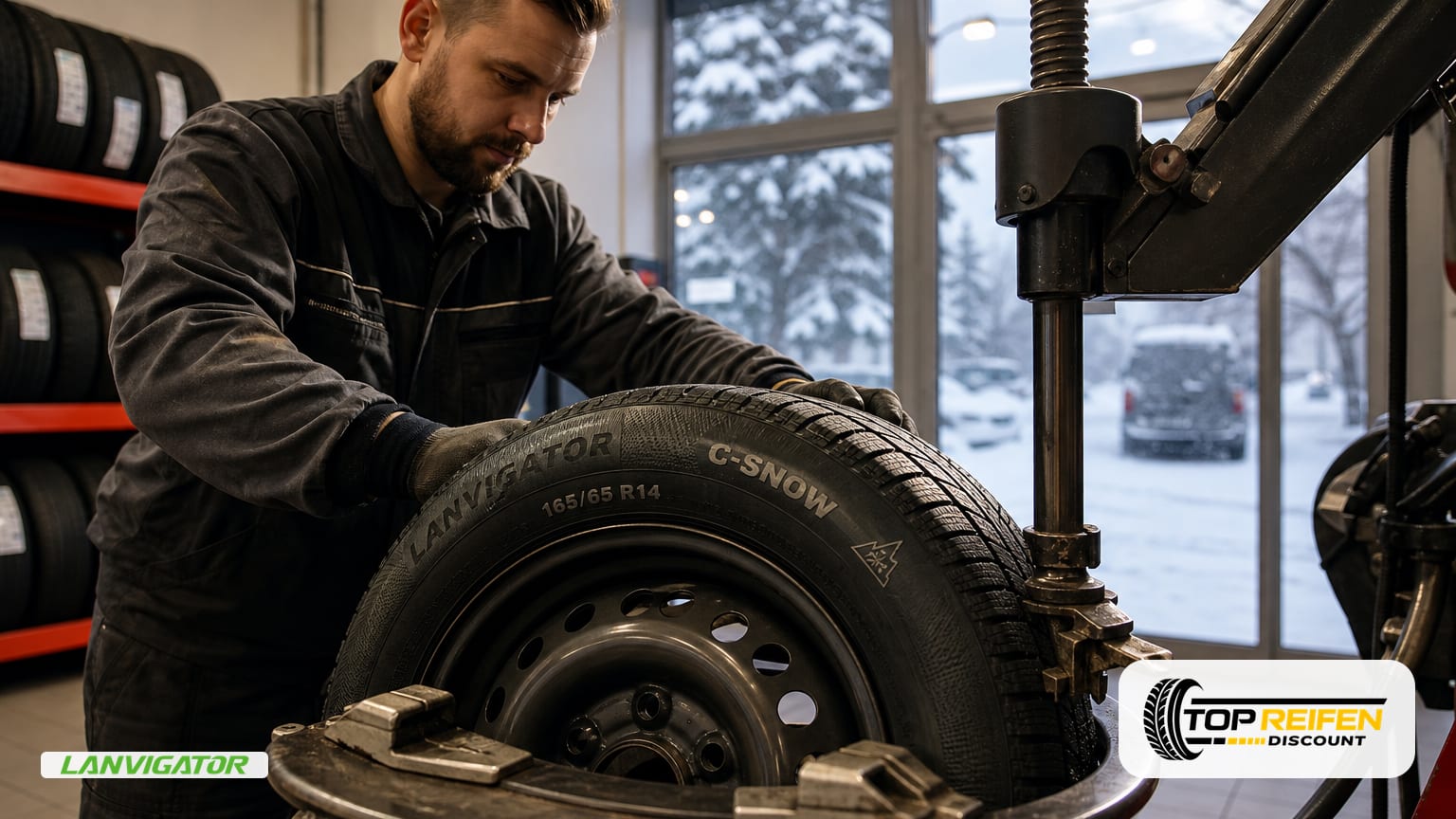 Werkstattmotiv: Ein Monteur setzt den LANVIGATOR LANVIGAT C-SNOW 165/65 R14 an einer modernen Montiermaschine auf eine 14-Zoll-Stahlfelge, warmes Licht, draußen leichter Schneefall.