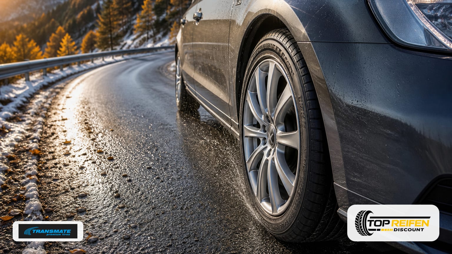High-angle shot of a car cornering on a wet mountain road; focus on the front wheel with TRANSMATE TRANSMAT TR-4S 225/45 R17 gripping the asphalt.