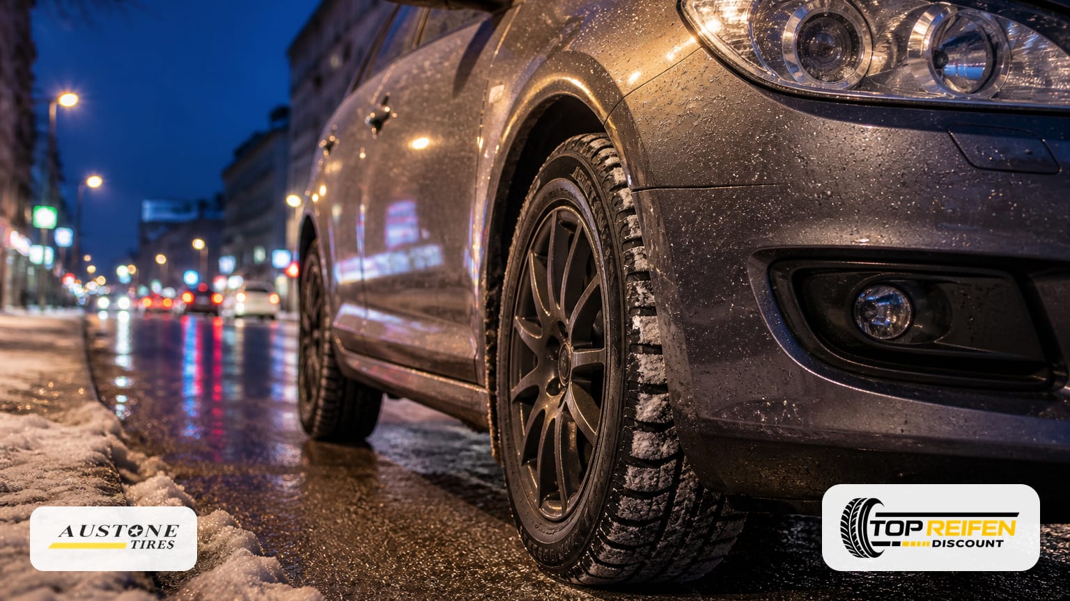 AUSTONE SP901 Winterreifen 165/70 R14 an einem geparkten Stadtauto bei nächtlicher Straßenbeleuchtung, nasser Asphalt mit Lichtreflexen