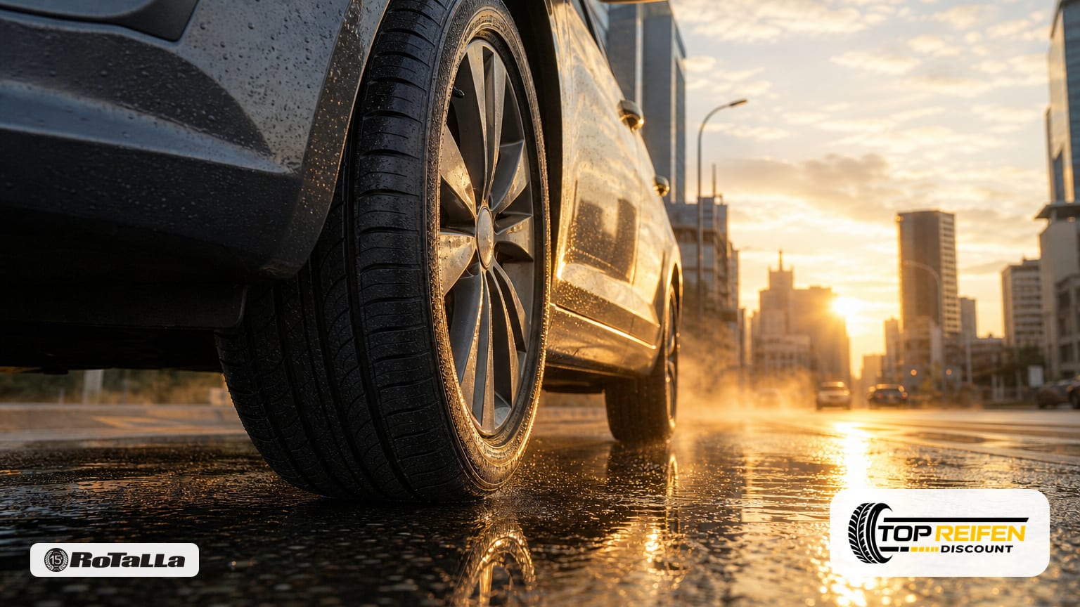 Low, dramatic road-level shot of a car with ROTALLA RH01 205/55 R16 summer tyre on wet asphalt at golden hour, highlighting grooves and center rib.