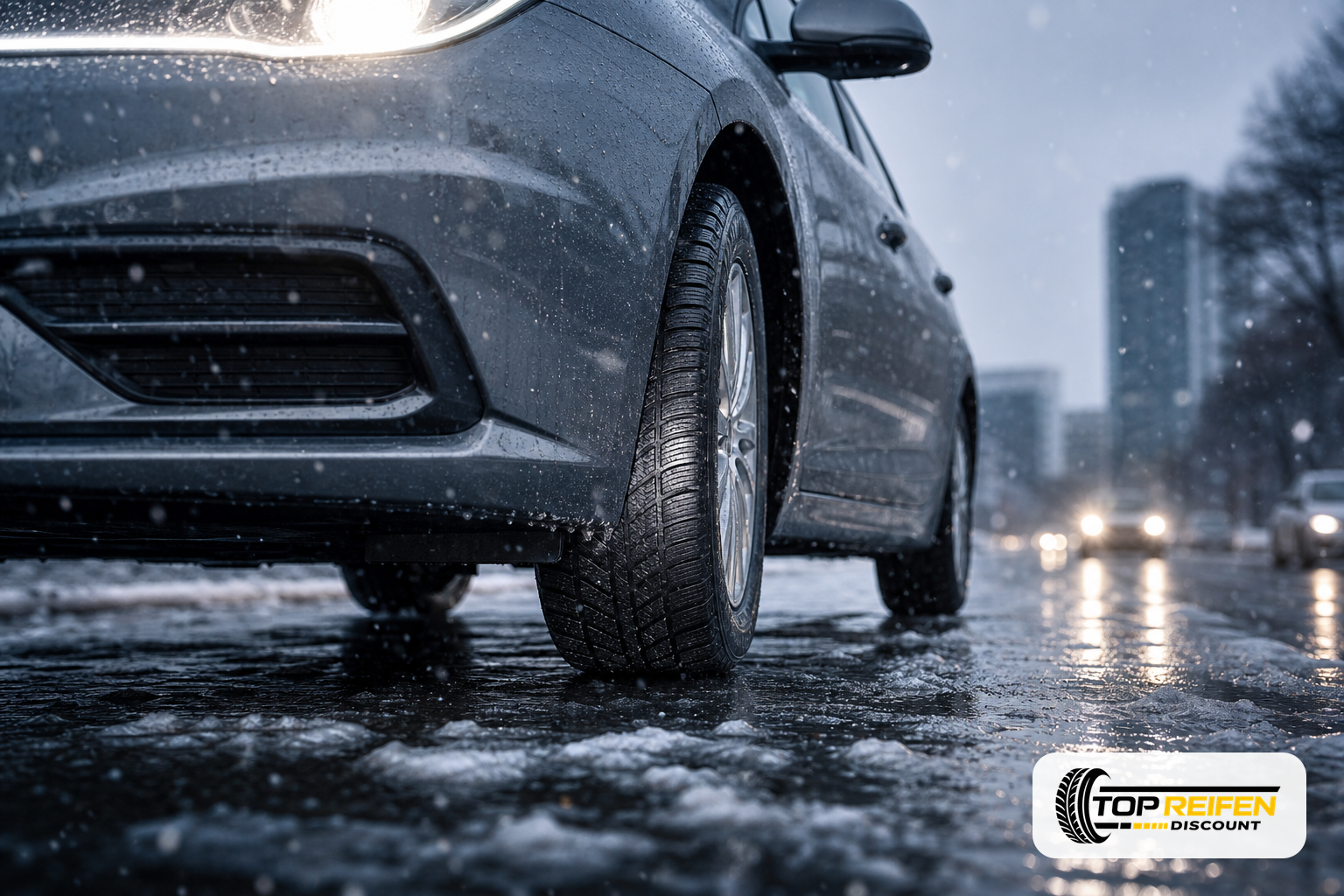Low wide-angle road-level shot beside a car’s front wheel with WINDFORCE WINDFOR. BLAZER 205/55 R16 on a wet, slushy winter street with light snowfall.
