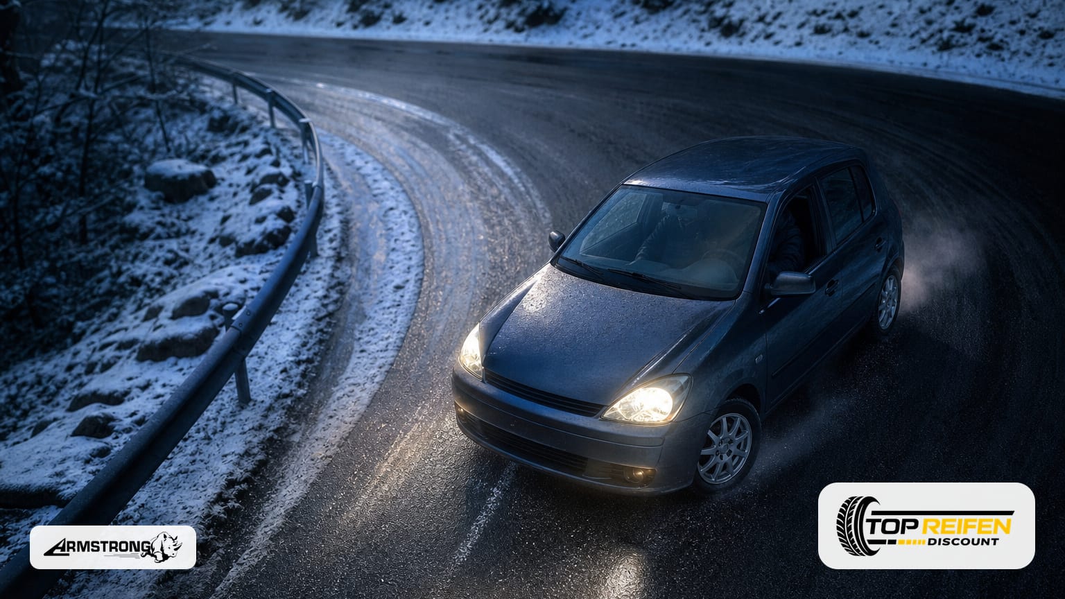 High-angle view of a compact car taking a wet, lightly snowy bend; focus on the ARMSTRONG SKI-PC 185/60 R14 tyre contact patch with visible slush evacuation.