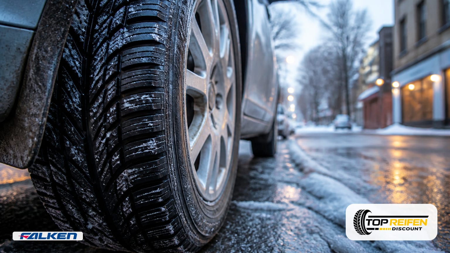 Extremes Nahaufnahmefoto des FALKEN HS01 185/55 R15 auf einem PKW an einem frostigen Morgen: feine Lamellen und Seitenwanddetails, nasse, matschige Straße im Hintergrund.