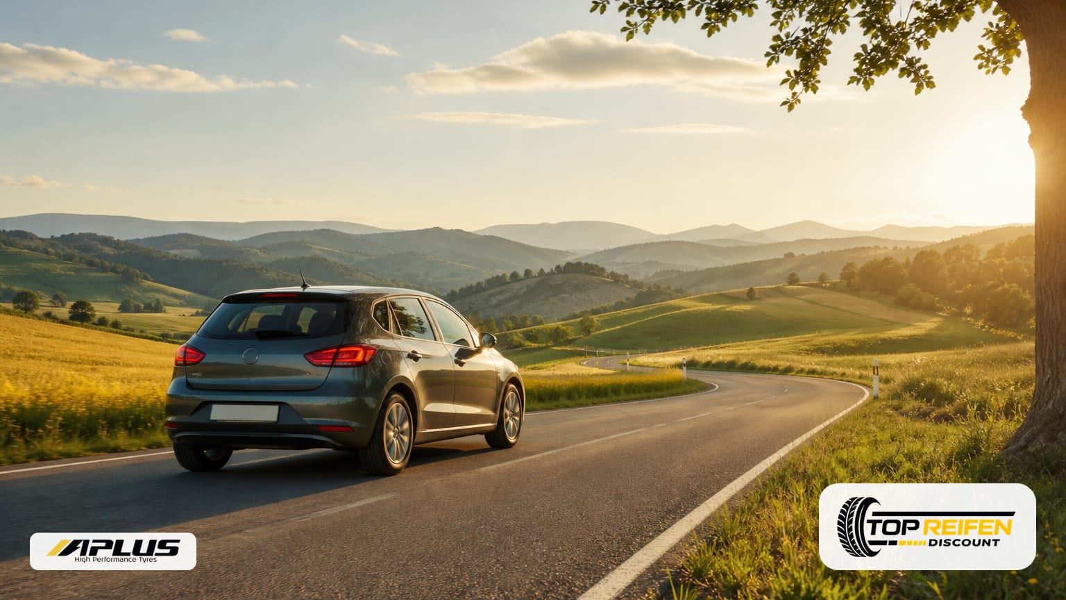 Compact family car on a winding country road at golden hour in a summer landscape – atmospheric scene for the APLUS A-PLUS A609.