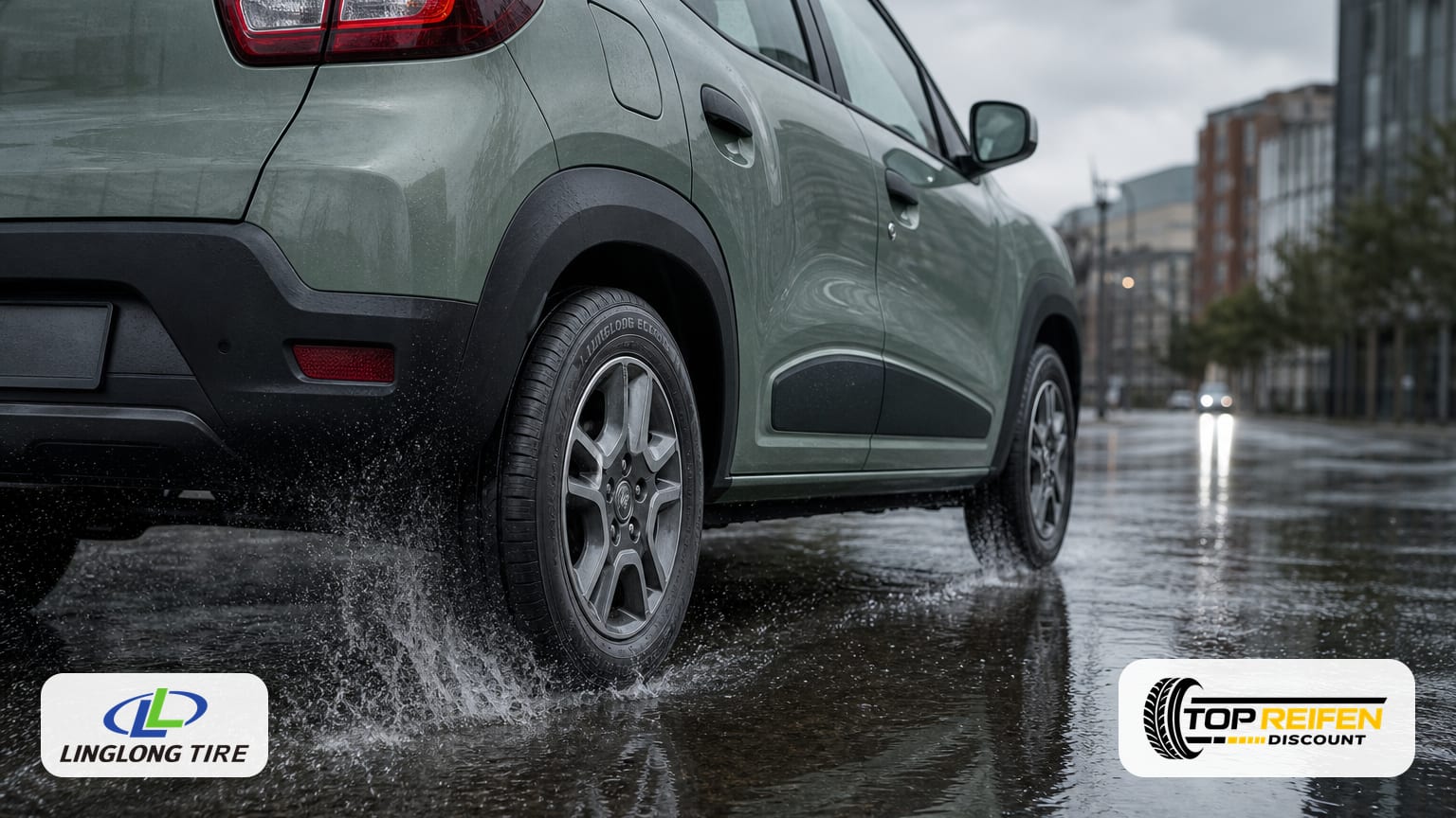 Rear view of a LINGLONG ECO-MA 205/60 R16 tyre rolling through shallow water on a wet city street, spray and reflections under an overcast sky.