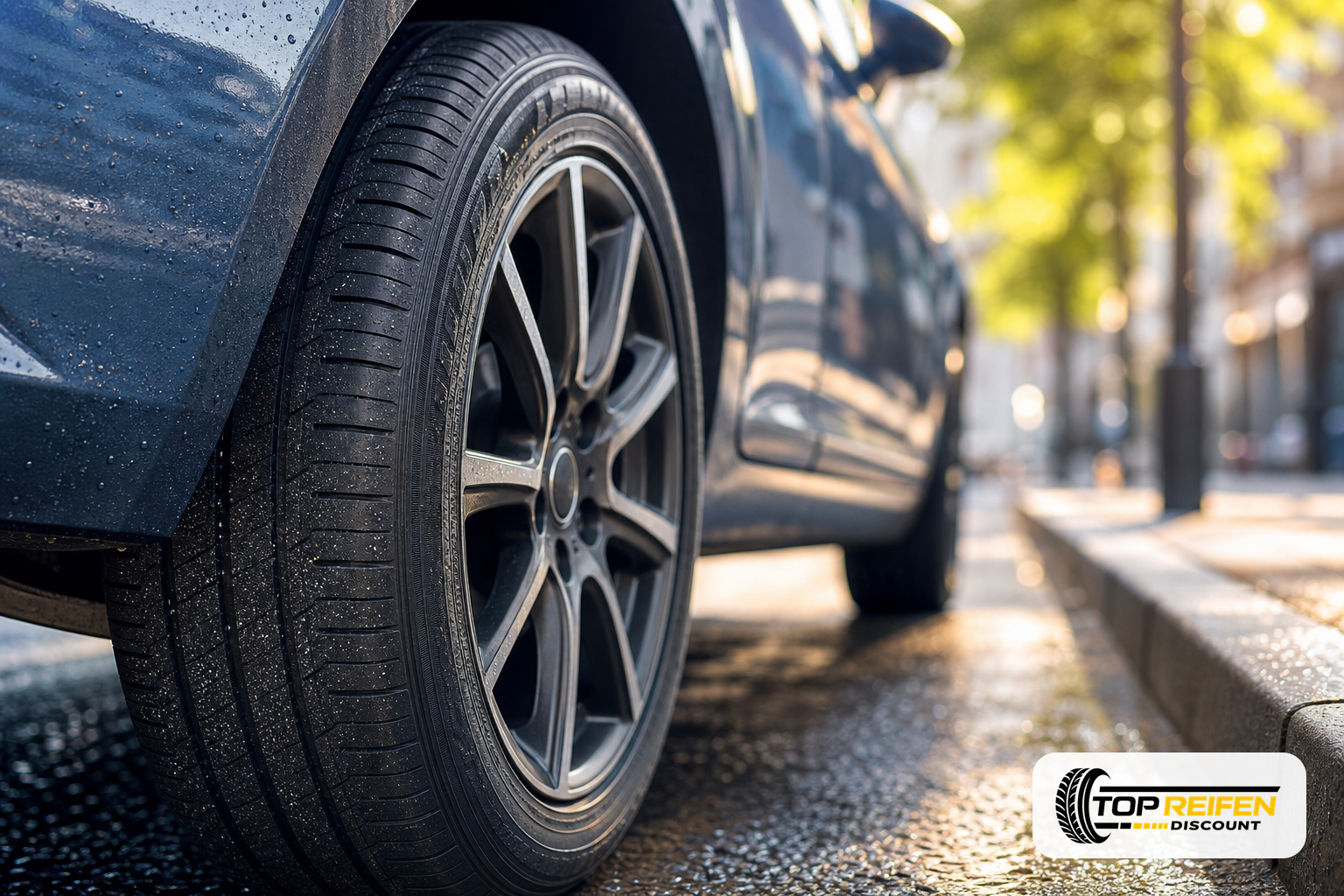 Extreme Nahaufnahme des FALKEN SN110A 175/65 R17 am PKW: feuchte Lauffläche mit Wassertropfen nach Sommerregen, flaches Kamerawinkel, schmale Schärfentiefe, warme Morgensonne.