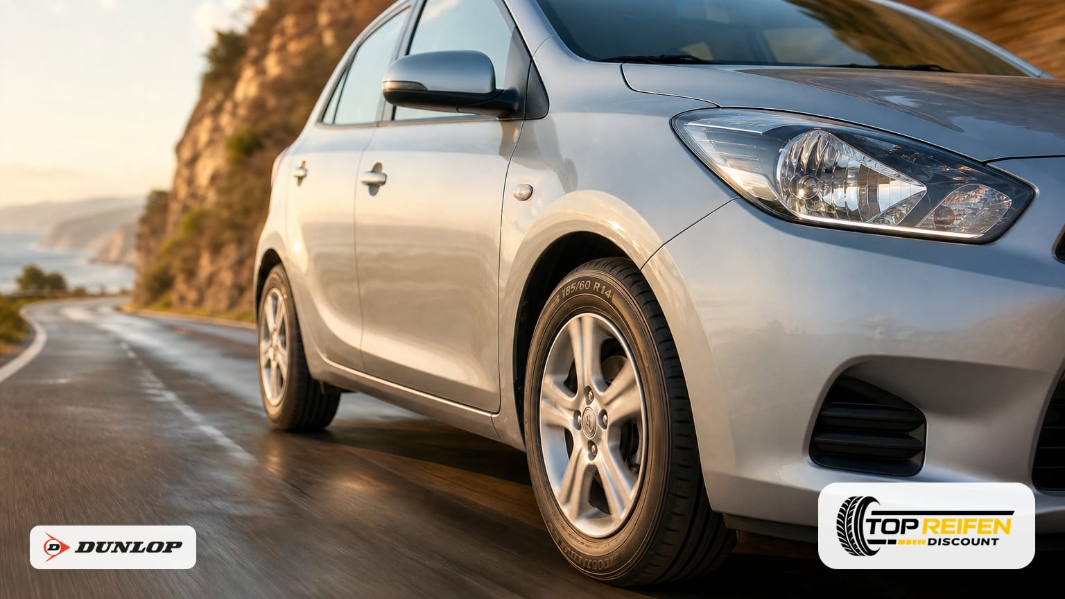 Dynamic three-quarter view of a compact car on a summer coastal road; DUNLOP ST-RE2 185/60 R14 tyre in sharp focus with motion-blurred background.