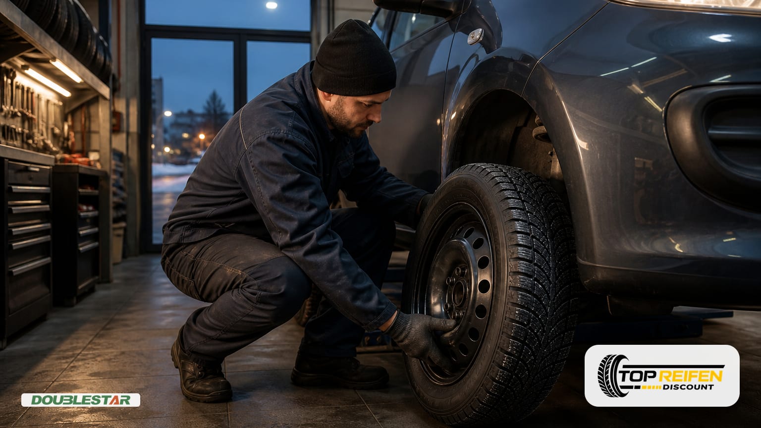 Mechanic fitting a DOUBLESTAR DOUBLEST DW08 175/70 R14 winter tyre to a compact car in a bright, modern workshop.