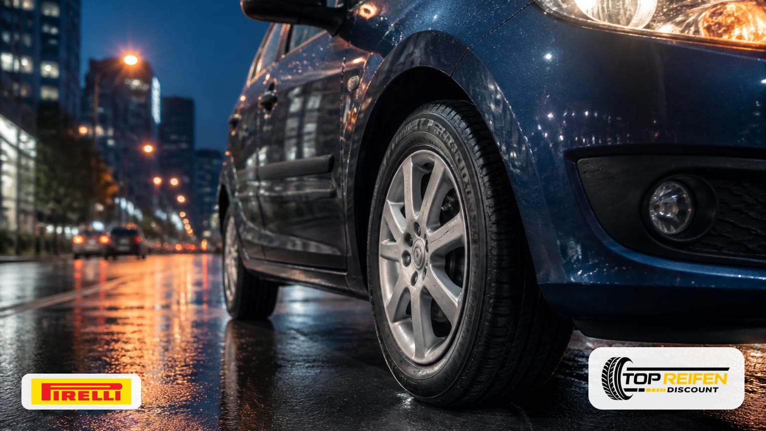 Nahaufnahme eines geparkten Stadtautos am Abend: Der PIRELLI P1-VER 185/65 R14 im Vordergrund, nasse Straße reflektiert Stadtlichter, ruhige Sommerstimmung.