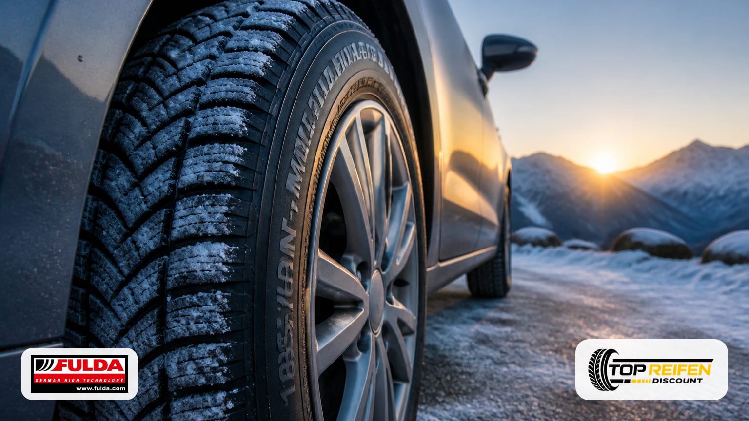 Extreme close-up of the FULDA MONT-3 185/65 R15 winter tyre tread and sidewall in cold dawn light on a lightly snow-dusted mountain road.